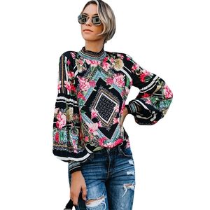 Kobiety Vintage Bluzka Summer Shirts Turtleneck Z Długim Rękawem Dzika Koszula Kobieta Bohemia Grapic Woman Tops SP484 210323