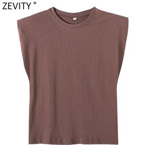 Zevity Summer Women Candy Colors Shoulder Pads Casual Vest T Shirt Female Basic Solid Sleeveless Chic Loose Tops T690 210623