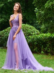 2021 Bestidos de Gala A Line Lilak Lace Appliqued Evening Dress V Neck Specjalne okazje Formalne Party Długie Suknie Prom