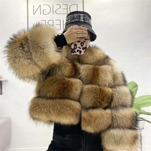 本物の毛皮のアライグマの冬のコート女性の自然な銀のジャケットの女性ラウンドネック暖かい厚いファッションプラスサイズ210928