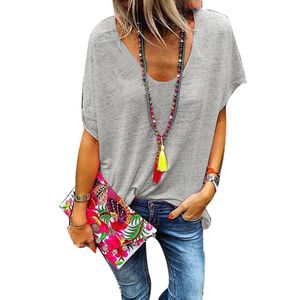 デザインプラスサイズの女性のシャツトップスカジュアルキャンディーカラーVネック半袖Tシャツ夏の緩いカサオトップ特大6 CO