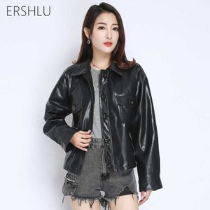 ERSHLU Autumn Winter Leather Jacket Black Soft Faux Women Leather Jacket Street Moto Biker Leather Coat Female Outwear 210909