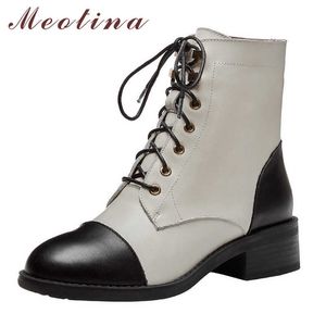 Meotina Ankle Boots Women Shoes Natural Genuine Leather Mid Heel Short Boots Thick Heels Lace Up Boots Female Autumn White Black 210608