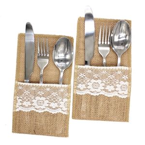 1PCS Vintage Jute Hessian Burlap Linen Lace Cutlery Pouch Rustic Wedding Decoration Party Birthday Tableware Supplies Holder Bag Y0730