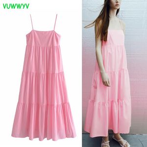 Vuwwyvサマードレスピンクスリップバックレスマキシエレガントプリーツイブニングパーティの女性コットンレトロなvestido 210430