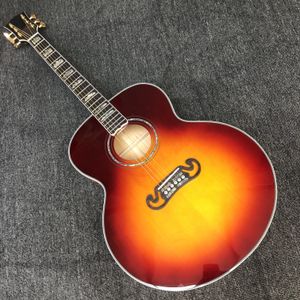 43 Zoll Cherry Sunburst Jumbo 200 Akustikgitarre, massive Decke aus geflammtem Ahorn, echte Abalone-Einlagen, elektrische Folk-Gitarre, akustische Gitarre, Palisander-Griffbrett, Butterfly-Mechaniken