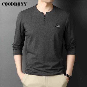 Coudrony Marca Primavera Outono Nova Chegada de Alta Qualidade Moda Henry Collar Tops de Manga Longa Algodão T Shirt Homens Roupas C5061 G1229