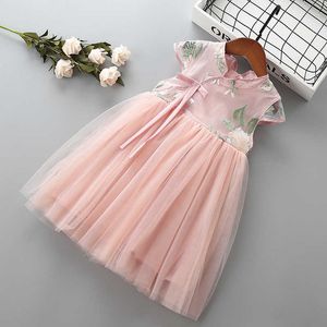 3-7 anni Abito da ragazza di alta qualità estivo stile cinese fiocco fiore capretto abbigliamento per bambini festa formale principessa 210615