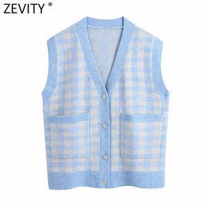 Zevity Kvinnor Vintage V Halsmönster Fickor Patch Casual Stickning Tröja Lady Chic Ärmlös Cardigan Vest Tops S649 210603