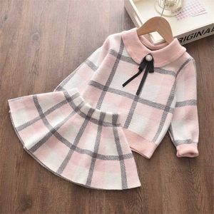 Keelorn Girls Clothing Sets Autumn Simple Sweater Top with Lace Cute Skirt 2pcs Fashion Kid Costumes 2-6 Y Suit 211025