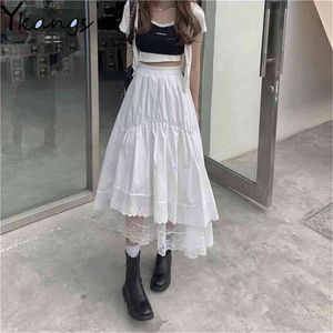 Svart gotisk spetsstygn oregelbunden pläterad kjol Kvinnor Vit Vintage High Waist Long Koreansk Solid Hip Hop Streetwear 210629