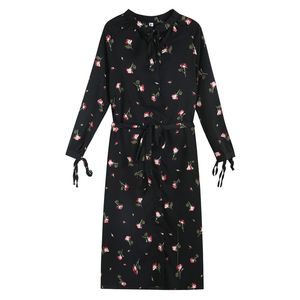 Black Floral Print Bow Collar Button Lace-up Long Sleeve Midi Dress Chiffon Autumn D2027 210514