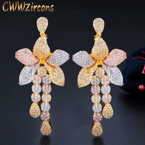Geometric 3 Tone Gold Cubic Zircon Long Fringed Flower Dangling Tassel Drop Earrings for Women Dress Jewelry CZ679 210714