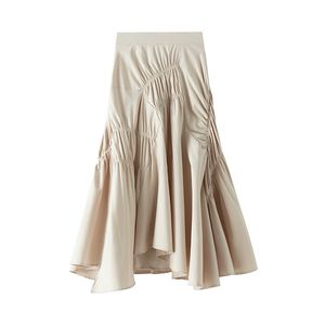 Lucyever Mulheres Moda Cintura Alta Cintura A-Linha Saias Verão Elegante Chic Chic Saias Plissadas Mulher Ruffles Mid Long Skirt 210521