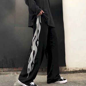 Напечатанные прямые штаны с широкоземными ногами Свободная высокая талия Случайные женские корейские версия Улица Темный пламя Пару одинаково 210526