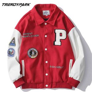 Mäns Varsity Uniform Baseball Jacka PU Läder Ärm Singel Breasted Appliques Bomber Jacka Broderier Patchar Casual Coat 210928