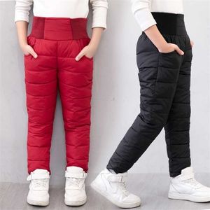 Casual Mädchen Jungen Winter Hosen Baumwolle Gepolsterte Dicke Warme Hosen Wasserdichte Ski 10 Jahre Elastische Hohe Taille Baby Kind Hose 211103