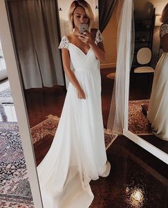 Mairee Cap Sleeves Wedding Dress 2021 V Neck Chiffon Appliques Backless Beach Bridal Gowns High Quality