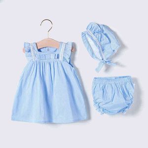 VLINDER Baby Girl Dress Baby Clothing Summer Princess Style Cute Bow Tie Tie Sukienka Noworodka Krótkie Rękawy Niebieskie Suknie 3szt Ustaw G1129