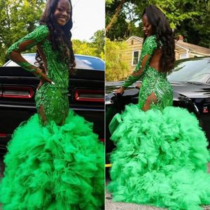 Lime Green 2021 Mermaid Prom Dresses Long Sleeve Sequined Ruffles Evening Gowns Plus Size Formal Dress