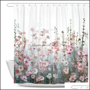 Dusch gardiner badrum aessories bad hem trädgård blommor tyg för gardin set med krokar ringar vattentät vitgrå lila 72x72 A06
