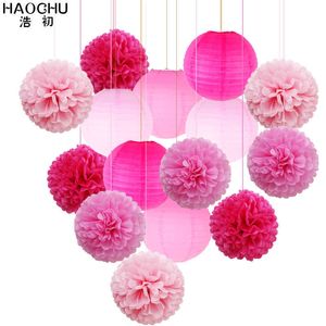 9pcs Paper Pom Poms Tissue Flower Balls Mixed 6pcs Hanging Paper Lantern Decoration Set Holiday Wedding Birthday Party DIY Decor 210610