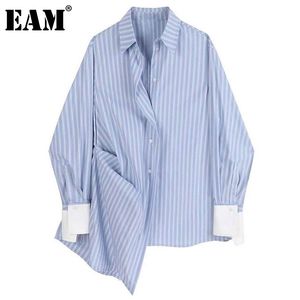 [EAM] Women Blue Big Size Asymmetrical Striped Blouse Lapel Long Sleeve Loose Fit Shirt Fashion Spring Autumn 1DD7157 21512