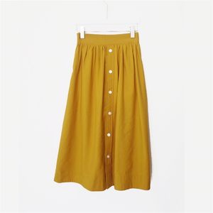 Yellow Mustard Solid Button Midi Skirt Empire High Street Summer A Line S0084 210514