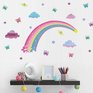 Wall Stickers Pretty Shining Stars On Rainbow Cloud Butterflies Room Decoration Art Decals For Nursery Kids Removable Home Mural