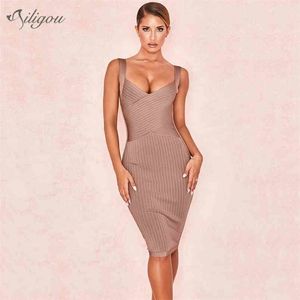 Summer damska sukienka bandaż Celebrity Party Sexy Bodycon Spaghetti V-Neck Halter Brown Vestidos 210525