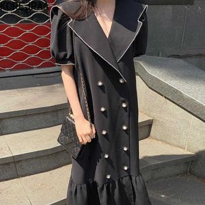 Korejpaa Women Dress Summer Korean Chic French Lapel Trim Contrast Color Double-Breasted Design Puff Sleeve Ruffle Vestidos 210526