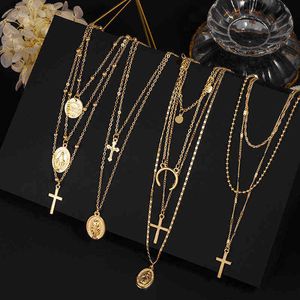 Fashion Multilayer Necklaces Pendants Vintage Moon Choker Cross Necklace For Women Female Party Punk Statement Jewelry Bohemia G1206