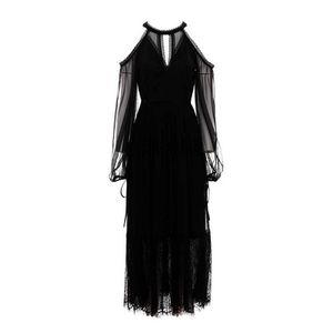 Talvez U Black Manga Longa Ombro Frio Sólido Solto Midi Vestido Halter Autumn Lace D0643 210529