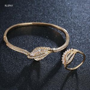 Bangle Luxury Leaves Flower Ring Set Dubai Gold Sets For Women Wedding Engagement Cubic Zirconia Bracelet