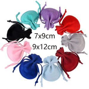 Round Velvet Bag 7x9 9x12cm Jewelry Organizer Flannel Drawstring bags Gift Wedding Packing Pouch Accessories black red blue