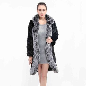 Kış Sıcak Kürklü Kürk Yaka Kadın Artı Boyutu Faux Vizon Kürk Lüks Siyah Kabarık Ceket Vintage Palto 211213