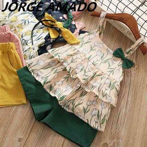 Girls Summer Suit Stilked Chiffon Tulips Flower Bow Top e pantaloncini 2pcs Hair Hair Hoop Bambini Abbigliamento set CG001 210610