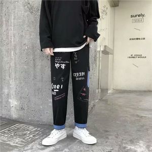 Jeans retos jeans homens gráfico impresso calças streetwear homem wildleg hip hop coreano harajuku moda