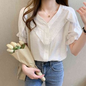 Koreanische Frauen Hemd Chiffon Blusen für Kurzarm V-ausschnitt Shirts Tops Frau Weiße Wellenförmige Bluse Plus Größe 210427