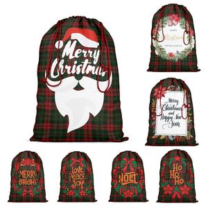 Julklappspåsar Santa Claus Reinseers Plaid Printed Kids Candy Bag Xmas Drawstring Sack Juldekoration Havsändning T9i001414