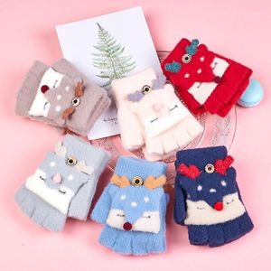 Children's Finger Gloves Five Fingers Gloves Soft Warm Kids Knitted Winter Half Finger Flip Cartoon Mittens For 4-9 Years Old Children High Quality