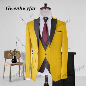 Gwenhwyfar Deep Yellow Suit男性3個カスタムグルーミングウェディングタキシードスリムフィット歌手プロムパーティースーツジャケットベストパンツセットx0909