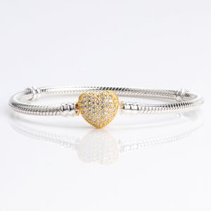 100% 925 esterlina prata ouro cor coração fivela com limpa pulseira de zircão para mulheres cabem encantos beads prata jóias