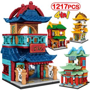 City Creator Chinese Style Old Street Viewティーハウスの質屋のビルディングブロックDIYアンティークショップハウスモデル玩具X0902