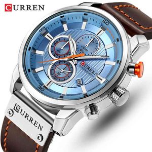 CURREN Men Watch Top Brand Luxury Leather Waterproof Quartz Wristwatch Men's Leather Chronograph Sports Analog Date Clock Male 210517
