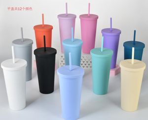 22oz Akryl Tumbler med släta lock och strån plast Tumblers Spipy Cup Travel Muggar Vattenflaska Återanvändbar behållare i bulk Partihandel