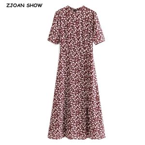 Elegant Women Bandage Tie Bow Backless Floral Print Short Sleeve Vintage Dress Ladies A line Back Strap Midi Dresses 210429