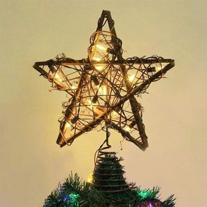 Decorazioni natalizie Decorazione per la parte superiore dell'albero Lampada decorativa a forma di stella in rattan Luce a LED Alimentata a batteria Filo di ferro glitterato con nastro dorato