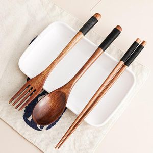 Ätpinnar Portable Porslin Vintage Japanskt Trä Sked Gaffel Resor Dinner Utruvar Miljö Trä Bestick Set