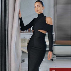 Seksi Siyah Hollow Bandaj Elbise kadın Uzun Kollu Bodycon Midi Kulübü Ünlü Akşam Parti Vestidos Kış Moda 210527